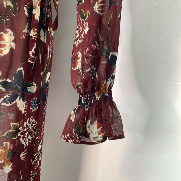 Zara Basic Maroon Floral Semi Sheer Long Cardigan Length Blouse. Size XS - Picture 5 of 16